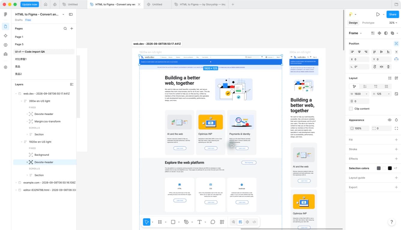 Real web.dev desktop and mobile captures side by side in Figma