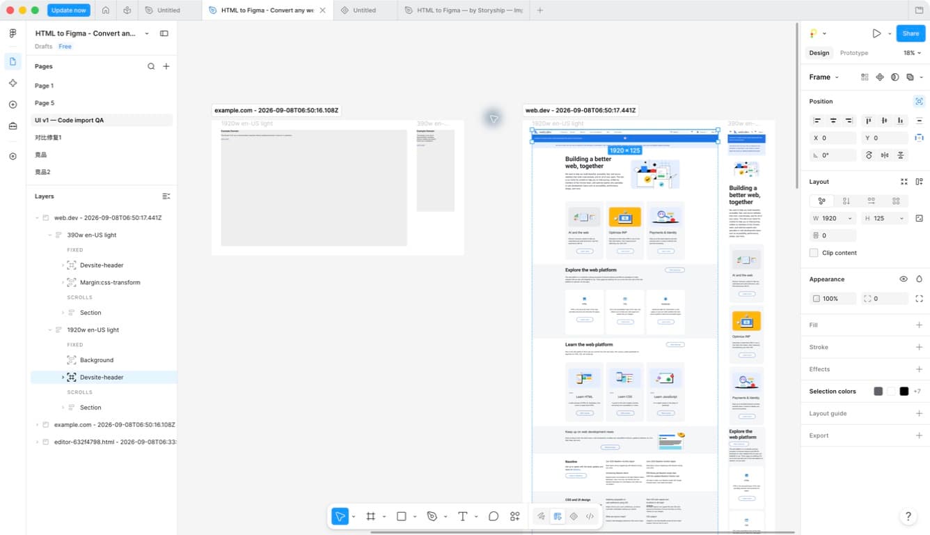 Actual example.com and web.dev imports in Figma, each at desktop and mobile widths